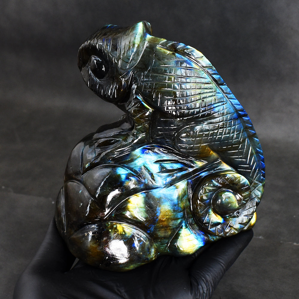 Stunning 4559.00 Cts Genuine Amazing Flash Labradorite Hand Carved Crystal Gemstone Chameleon Carving