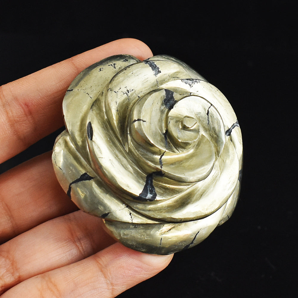 Craftsmen  1090.00  Carats Genuine  Golden  Pyrite  Hand  Carved  Rose  Flower  Gemstone  Carving