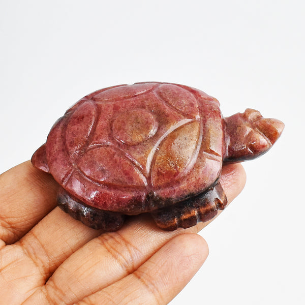 Amazing  377.00 Carats  Genuine  Rhodonite  Hand Carved  Crystal  Gemstone Turtle Carving