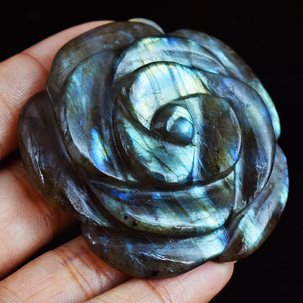 Craftsmen  241.00 Cts  Amazing  Flash  Labradorite  Hand  Carved  Rose  Gemstone  Carving