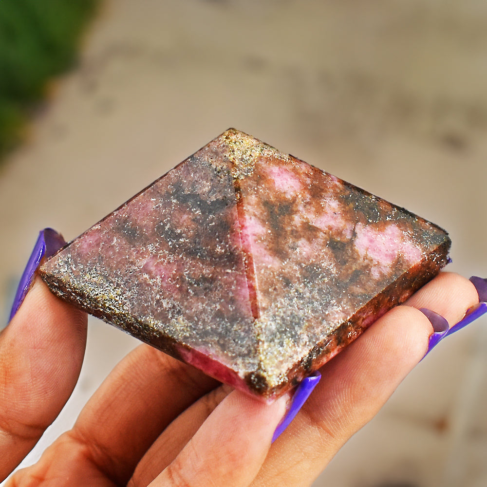 Natural 536.00  Carats  Pink  Rhodonite  Genuine  Hand  Carved  Healing  Pyramid  Gemstone