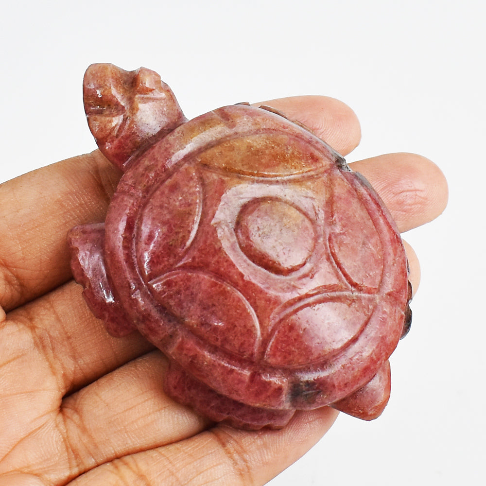 Amazing  377.00 Carats  Genuine  Rhodonite  Hand Carved  Crystal  Gemstone Turtle Carving