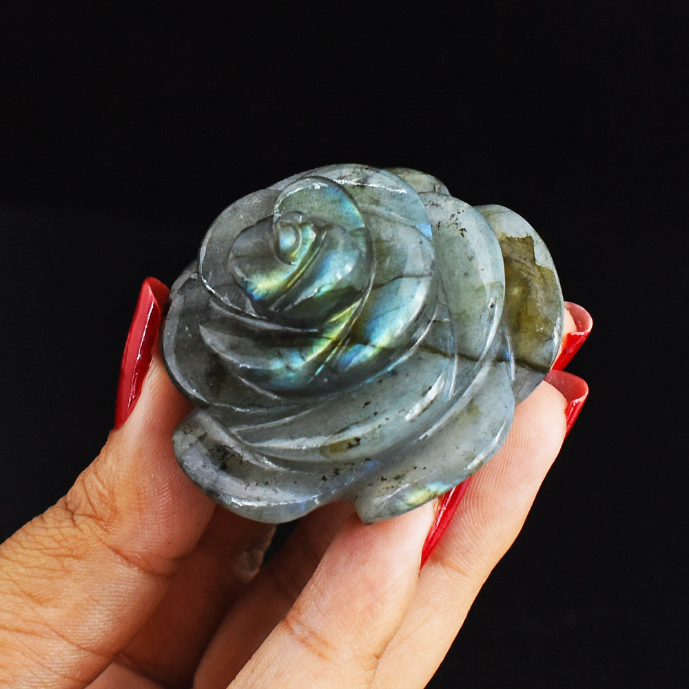 Fancy 327.00 Cts  Genuine Blue Flash Labradorite Hand  Carved  Rose Flower  Gemstone  Carving