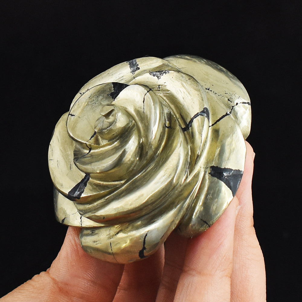 Craftsmen  1090.00  Carats Genuine  Golden  Pyrite  Hand  Carved  Rose  Flower  Gemstone  Carving