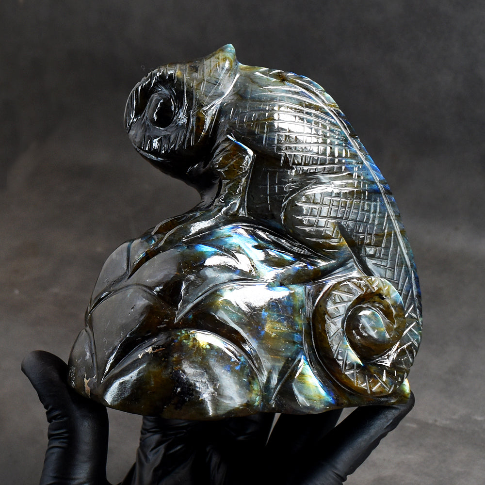 Stunning 4559.00 Cts Genuine Amazing Flash Labradorite Hand Carved Crystal Gemstone Chameleon Carving