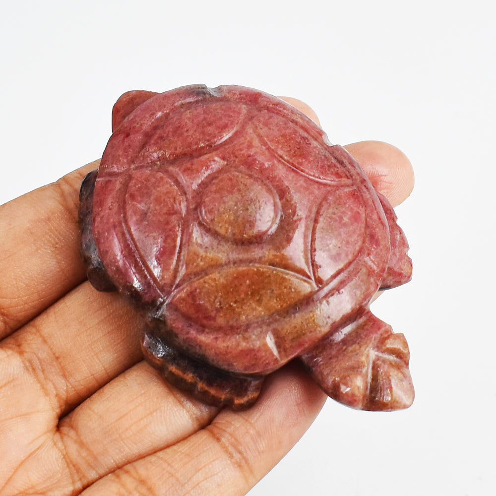 Amazing  377.00 Carats  Genuine  Rhodonite  Hand Carved  Crystal  Gemstone Turtle Carving