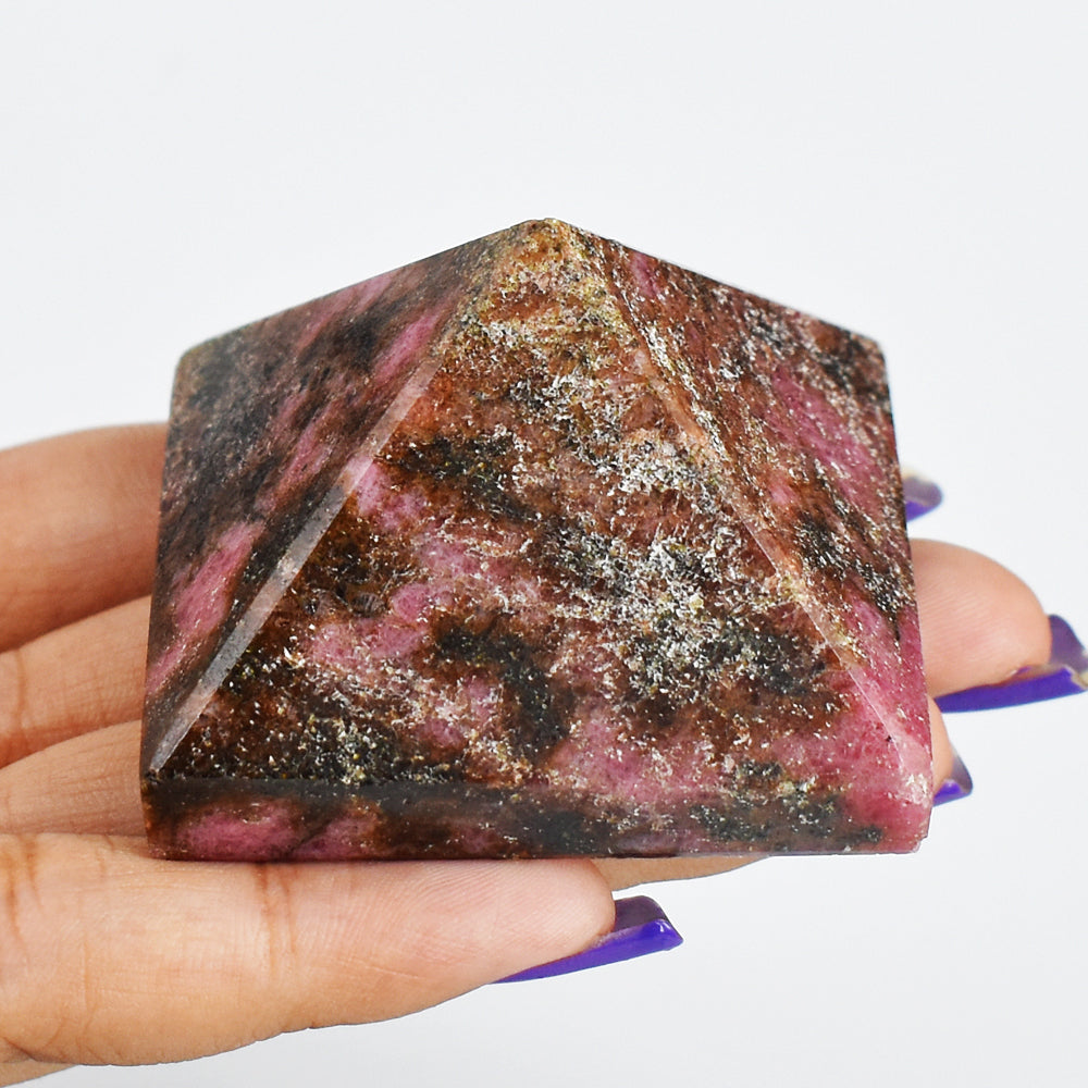 Natural 536.00  Carats  Pink  Rhodonite  Genuine  Hand  Carved  Healing  Pyramid  Gemstone