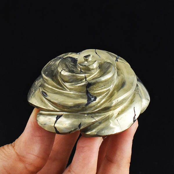 Craftsmen  1090.00  Carats Genuine  Golden  Pyrite  Hand  Carved  Rose  Flower  Gemstone  Carving