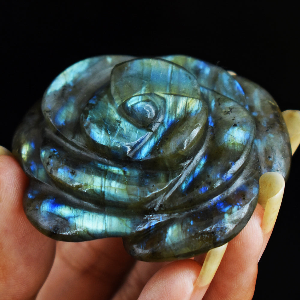 Craftsmen  241.00 Cts  Amazing  Flash  Labradorite  Hand  Carved  Rose  Gemstone  Carving