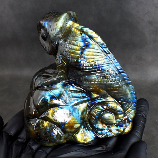 Stunning 4559.00 Cts Genuine Amazing Flash Labradorite Hand Carved Crystal Gemstone Chameleon Carving