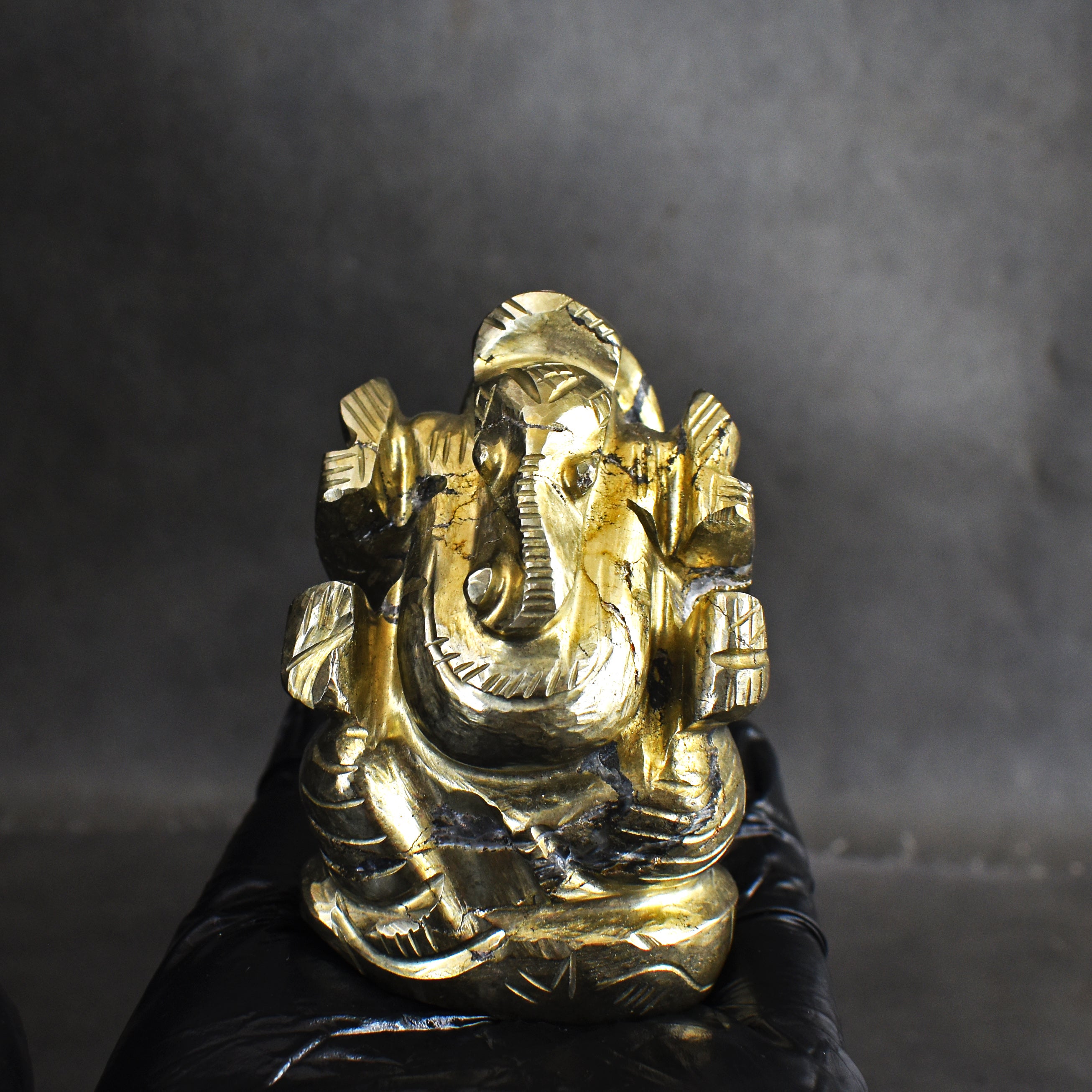 Gorgeous 1177.00 Cts Genuine Golden Pyrite Divine Hand Carved Premium Lord Ganesha