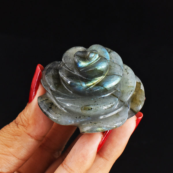 Fancy 327.00 Cts  Genuine Blue Flash Labradorite Hand  Carved  Rose Flower  Gemstone  Carving