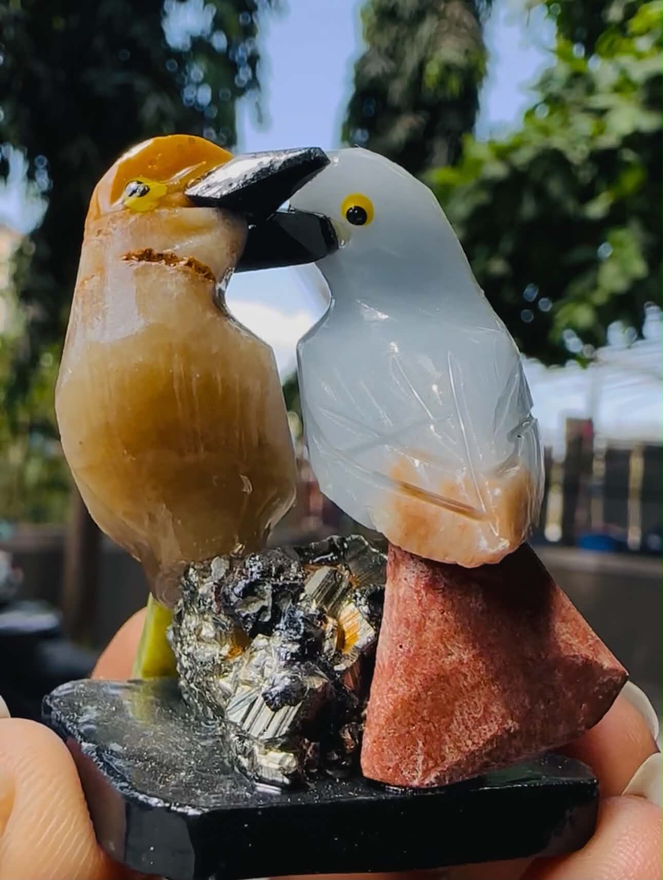 Exclusive 261.00 Cts Genuine Mini Angelite & Aventurine Carved Love Bird  2026  Collection