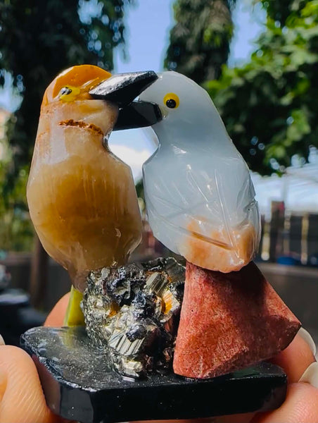 Exclusive 261.00 Cts Genuine Mini Angelite & Aventurine Carved Love Bird  2026  Collection