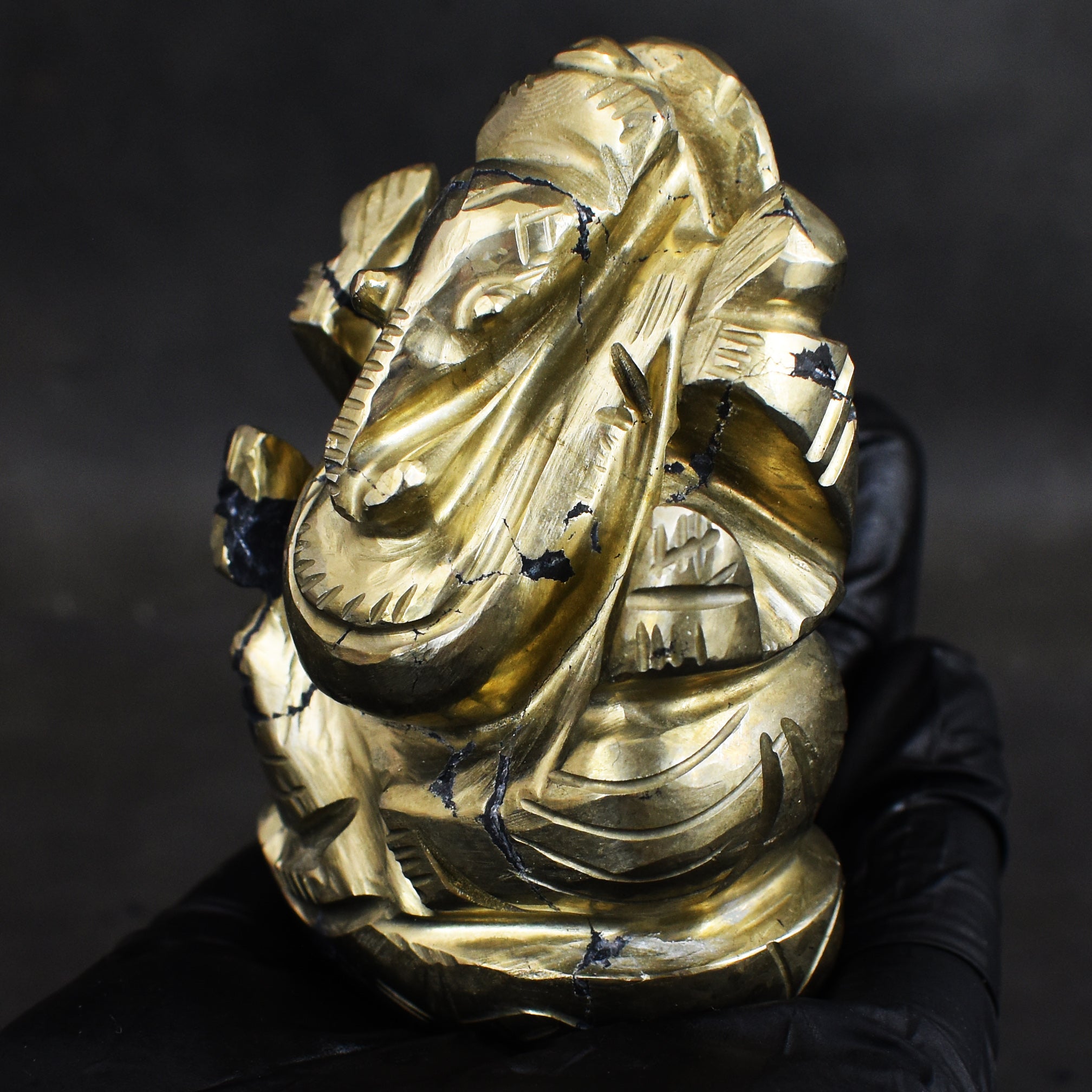 Gorgeous 1212.00 Cts Genuine Golden Pyrite Divine Hand Carved Premium Lord Ganesha