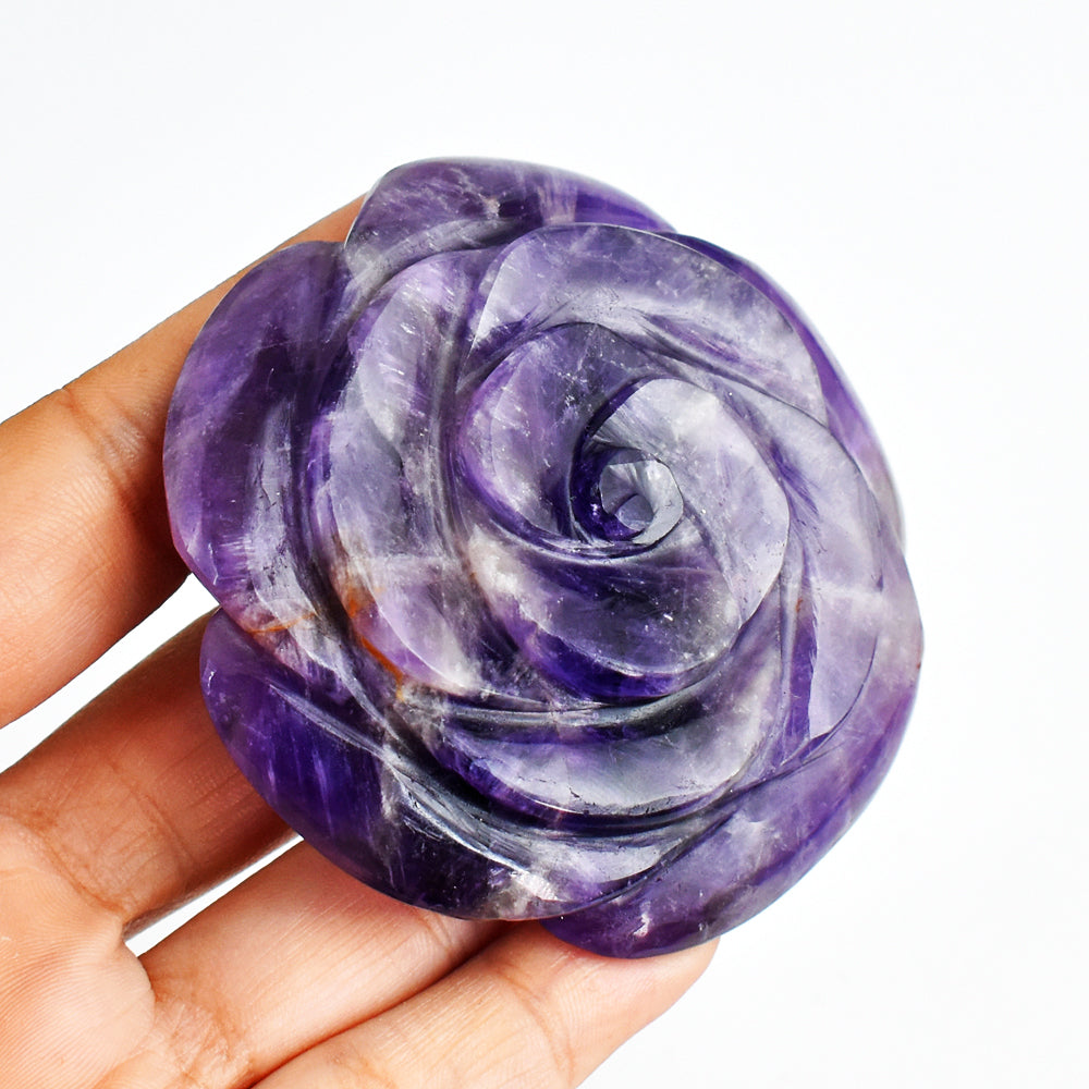 Exclusive 641.00 Carats Genuine Amethyst Hand Carved Crystal Rose Flower Gemstone Carving