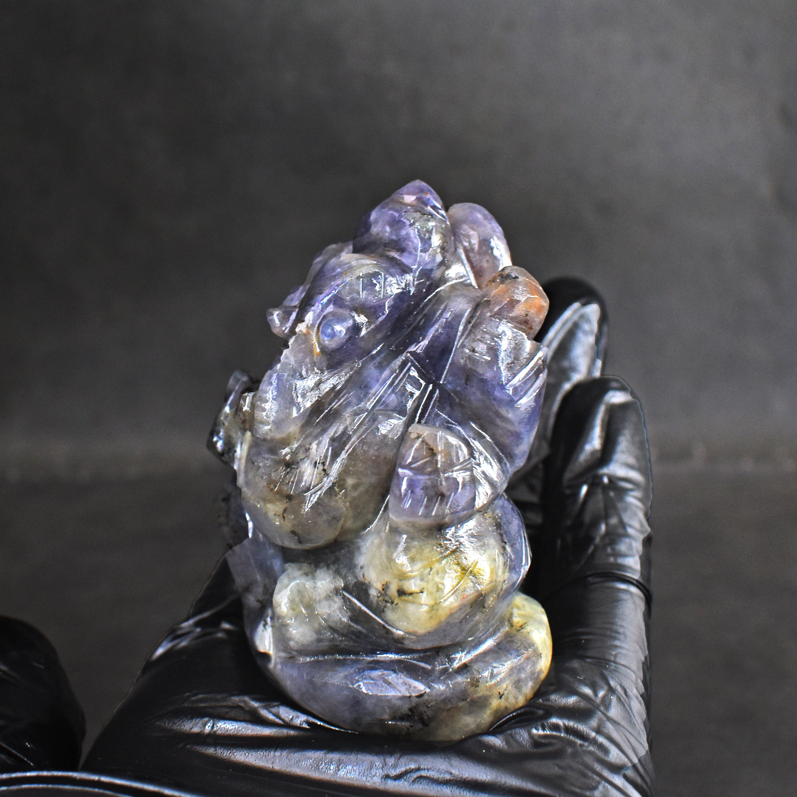 Artisian 607.00 Cts Iolite Divine Hand Carved Lord Ganesha