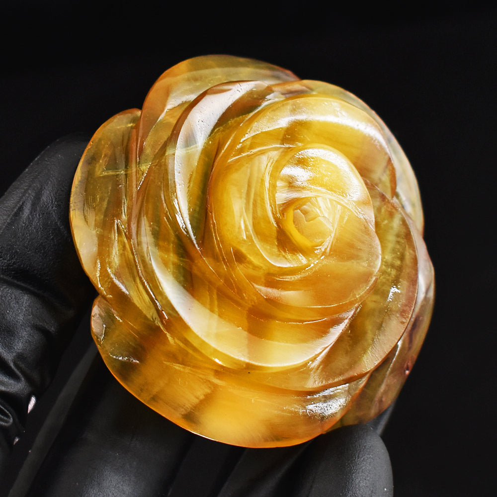 Exclusive 448.00 Cts Genuine Yellow Fluorite Carved Gemstone Rose Crystal Carving