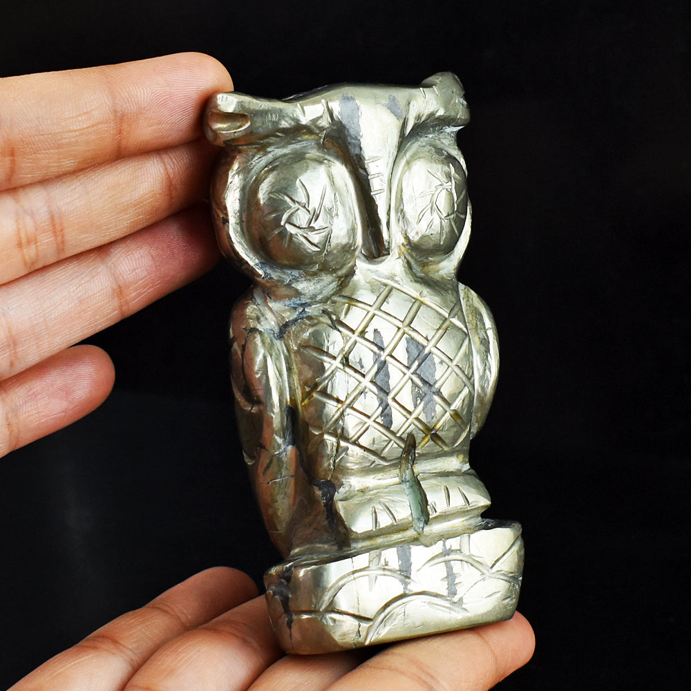 Natural  2200.00 Carats Genuine Pyrite Hand Carved Crystal Gemstone Owl Carving