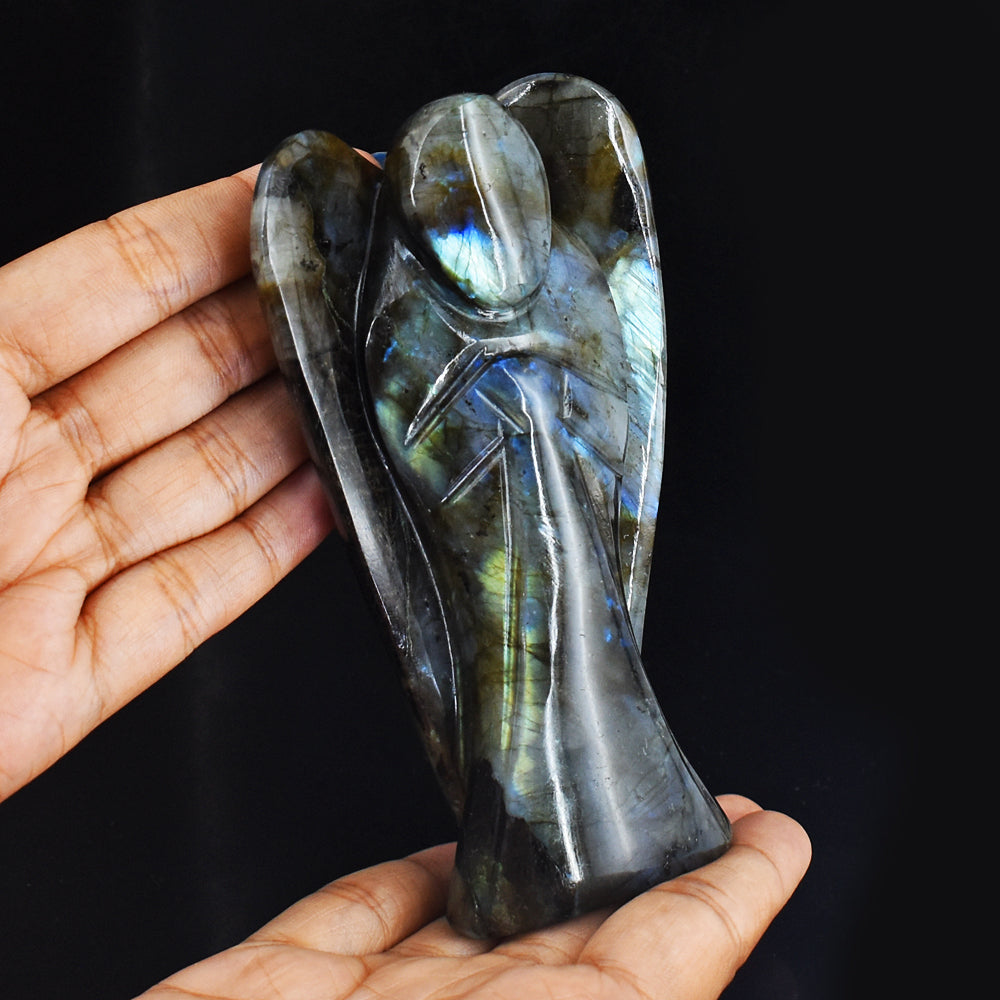 Beautiful 1450.00 Cts Blue & Golden Flash Labradorite Hand Carved Healing Praying Angel