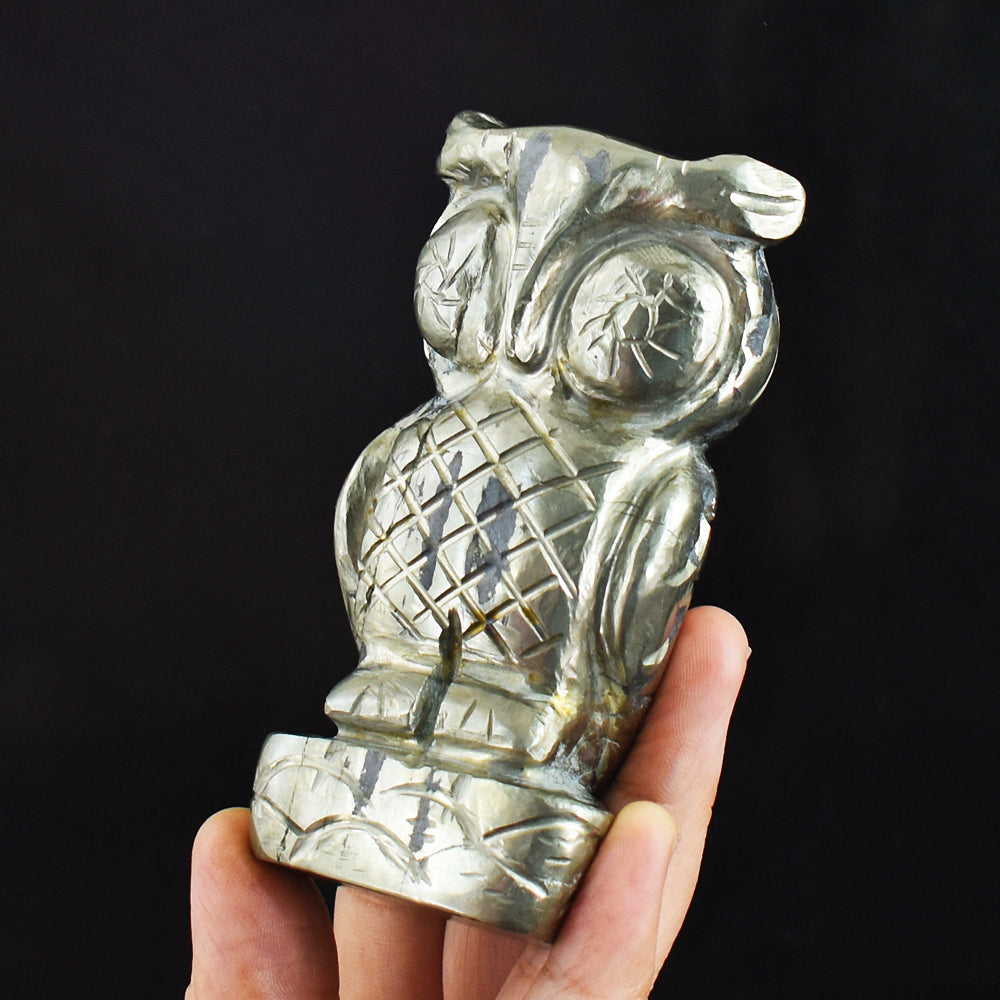 Natural  2200.00 Carats Genuine Pyrite Hand Carved Crystal Gemstone Owl Carving