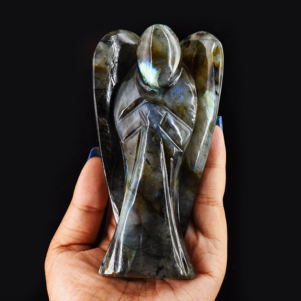 Beautiful 1450.00 Cts Blue & Golden Flash Labradorite Hand Carved Healing Praying Angel