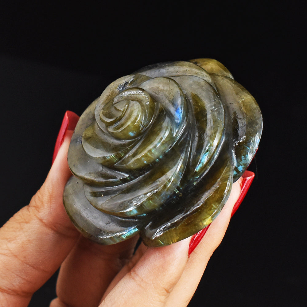 Blue Flash Labradorite 467.00 Carats Genuine  Hand  Carved  Rose  Flower Gemstone Carving