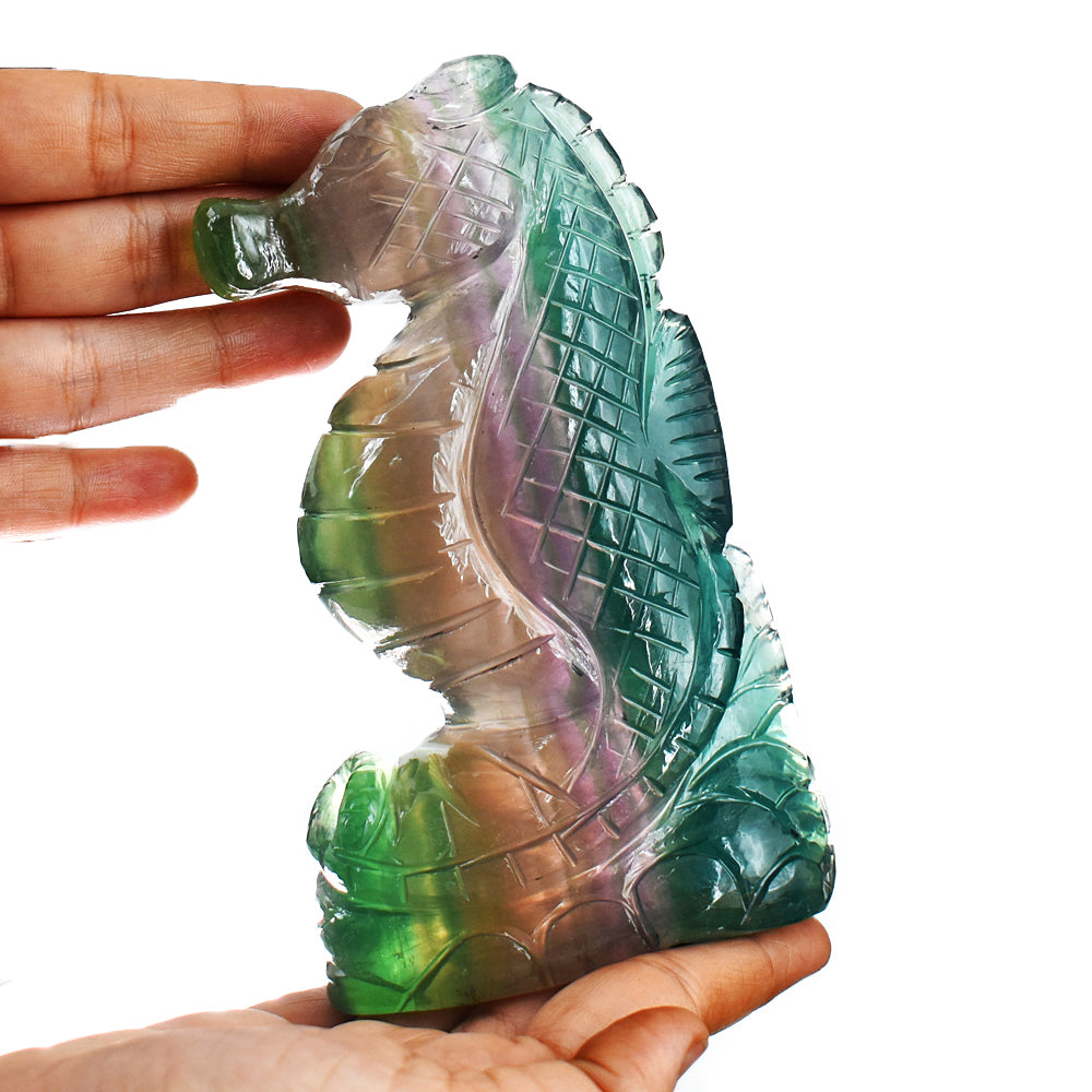 Gorgeous 3479.00 Cts Genuine Multicolor Fluorite Hand Carved Crystal Gemstone Seahorse Carving