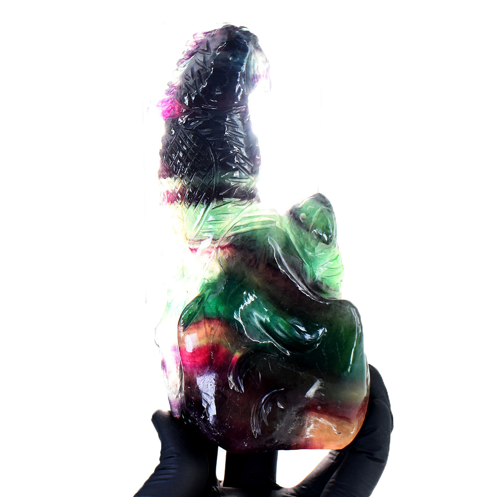Marvellous 3403.00 Cts Genuine Multicolor Fluorite Hand Carved Gemstone Crystal Parrot Carving