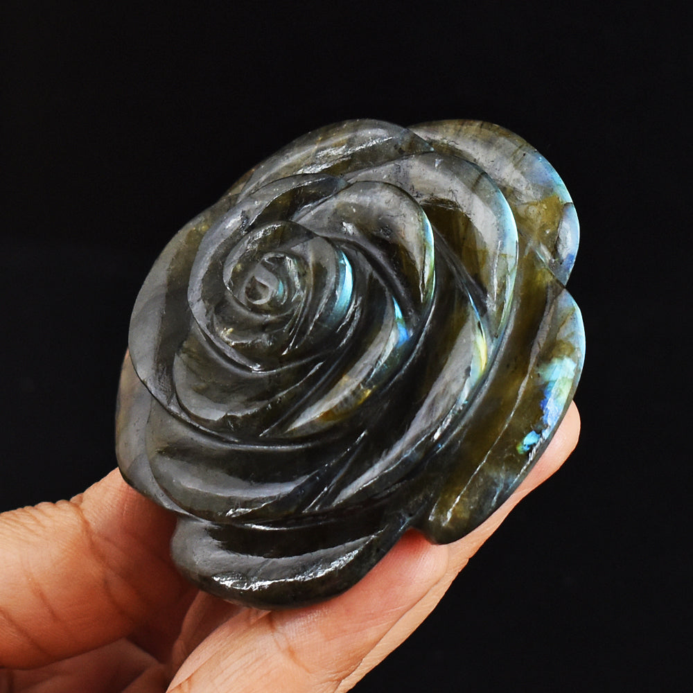 Artisian  756.00 Carats Genuine  Amazing Flash Labradorite Hand Carved  Rose  Gemstone  Carving