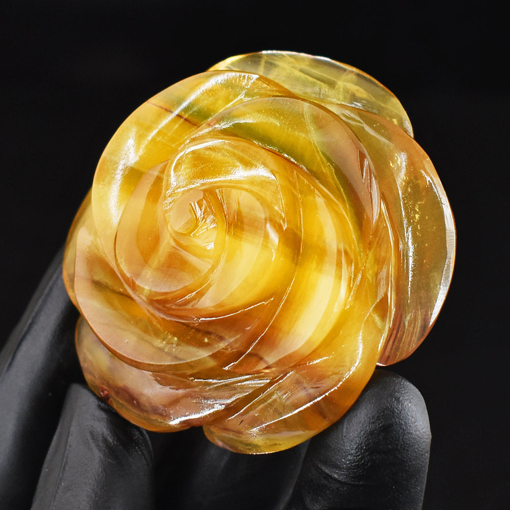 Exclusive 448.00 Cts Genuine Yellow Fluorite Carved Gemstone Rose Crystal Carving