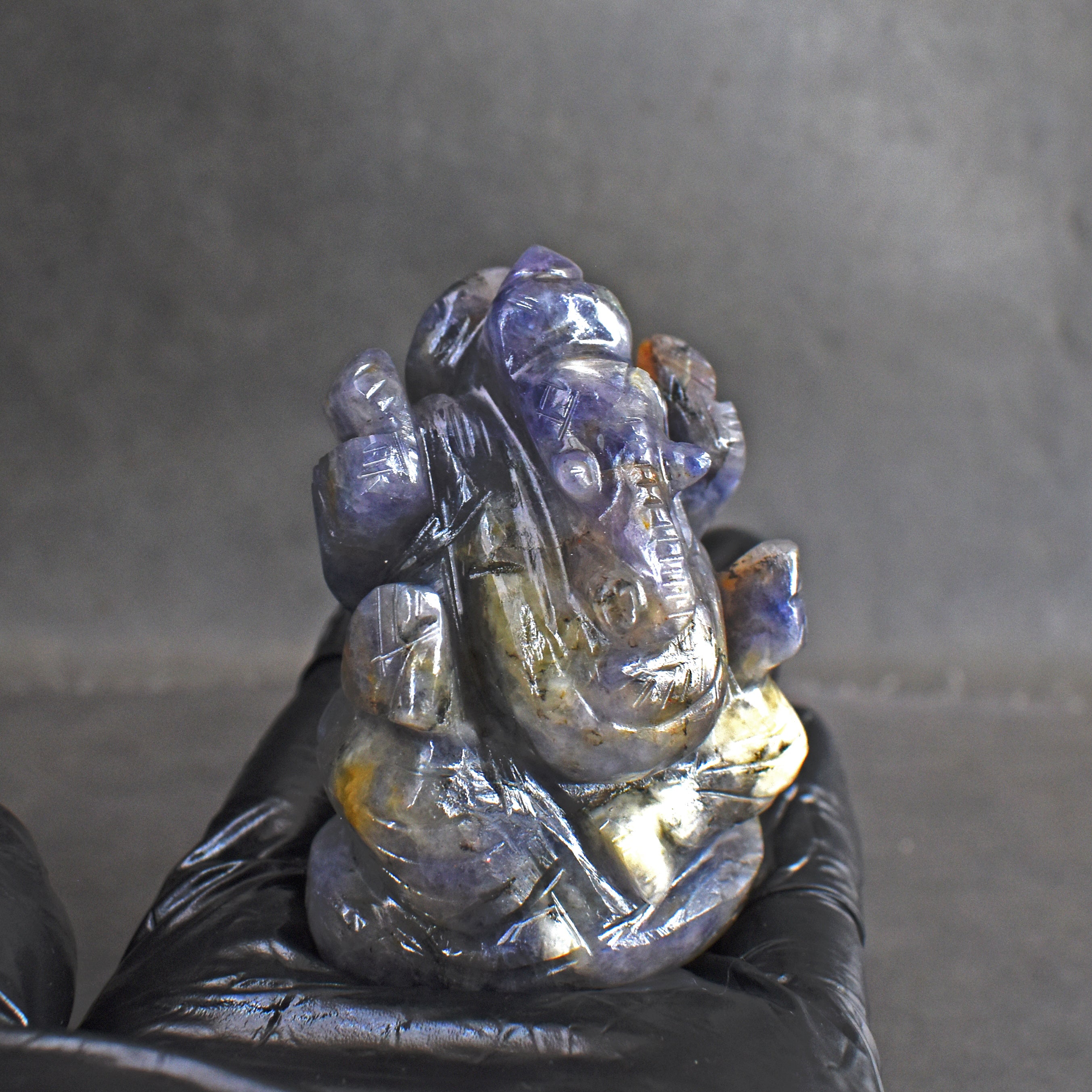 Artisian 607.00 Cts Iolite Divine Hand Carved Lord Ganesha