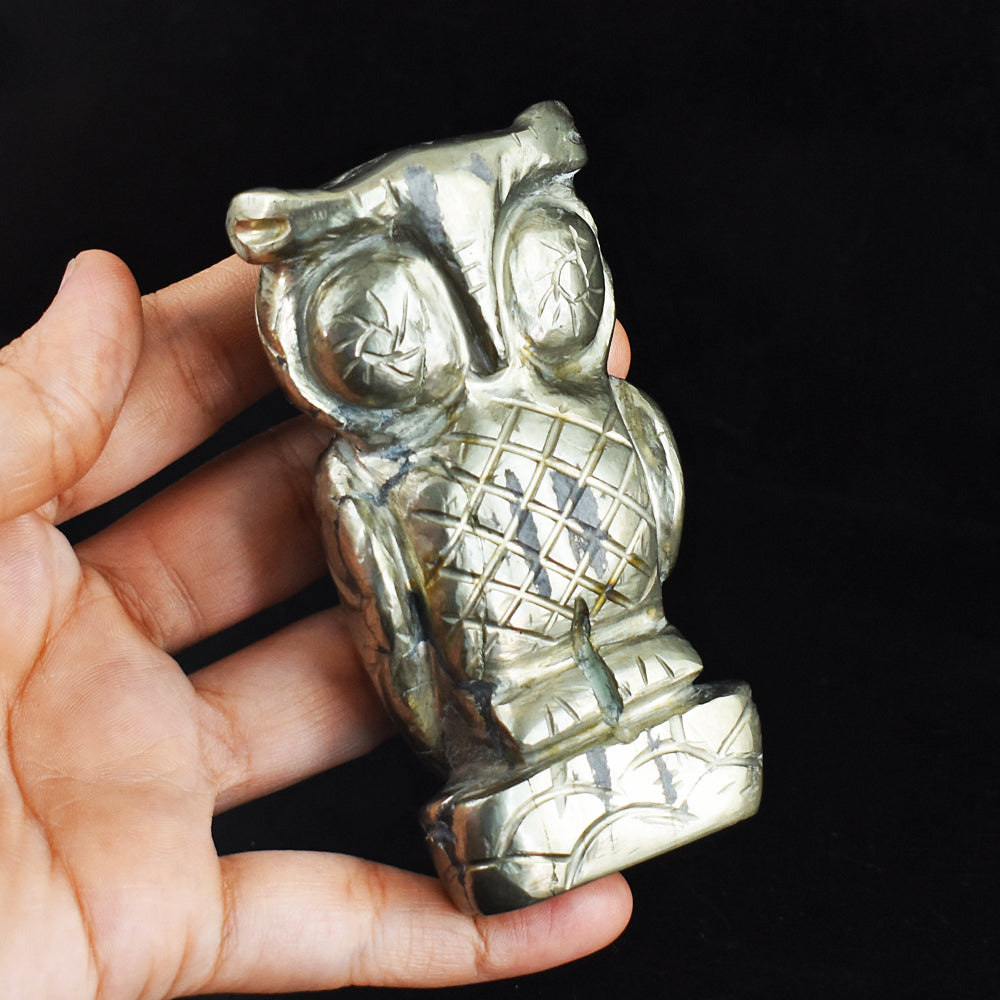 Natural  2200.00 Carats Genuine Pyrite Hand Carved Crystal Gemstone Owl Carving