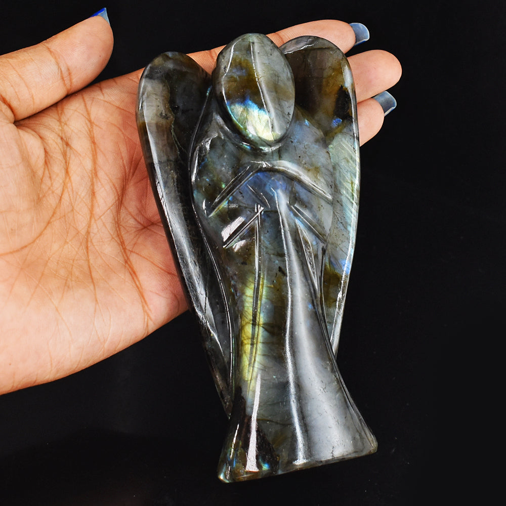 Beautiful 1450.00 Cts Blue & Golden Flash Labradorite Hand Carved Healing Praying Angel