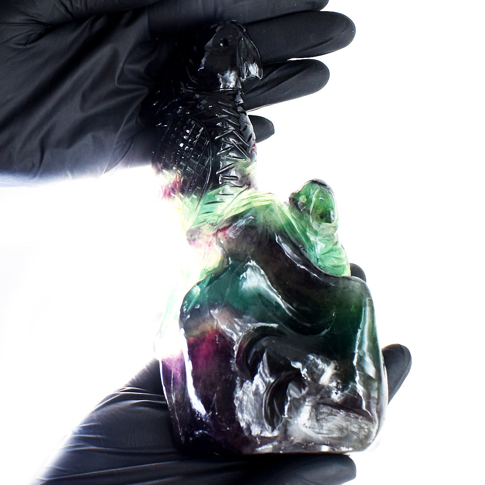 Marvellous 3403.00 Cts Genuine Multicolor Fluorite Hand Carved Gemstone Crystal Parrot Carving