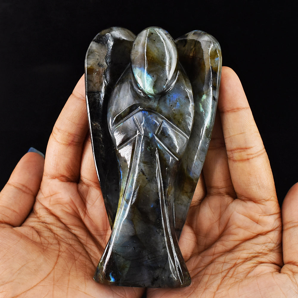 Beautiful 1450.00 Cts Blue & Golden Flash Labradorite Hand Carved Healing Praying Angel