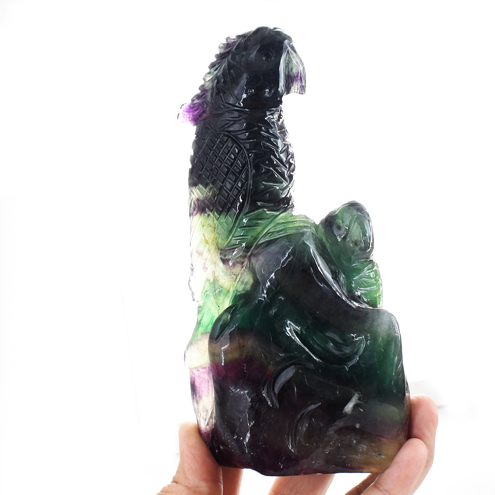 Marvellous 3403.00 Cts Genuine Multicolor Fluorite Hand Carved Gemstone Crystal Parrot Carving