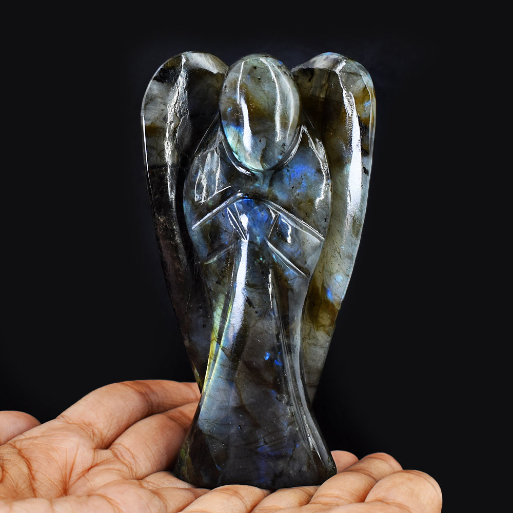 Beautiful 1450.00 Cts Blue & Golden Flash Labradorite Hand Carved Healing Praying Angel