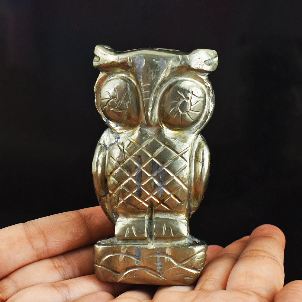 Natural  2200.00 Carats Genuine Pyrite Hand Carved Crystal Gemstone Owl Carving