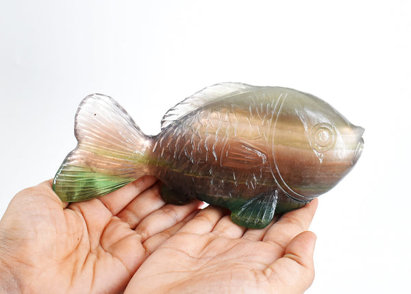 Natural 3775.00 Carats Genuine Multicolor Fluorite Hand Carved Crystal Gemstone Carving Fish
