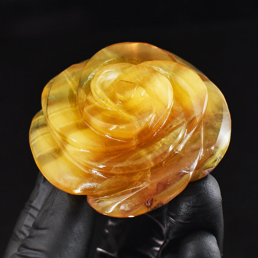 Exclusive 448.00 Cts Genuine Yellow Fluorite Carved Gemstone Rose Crystal Carving