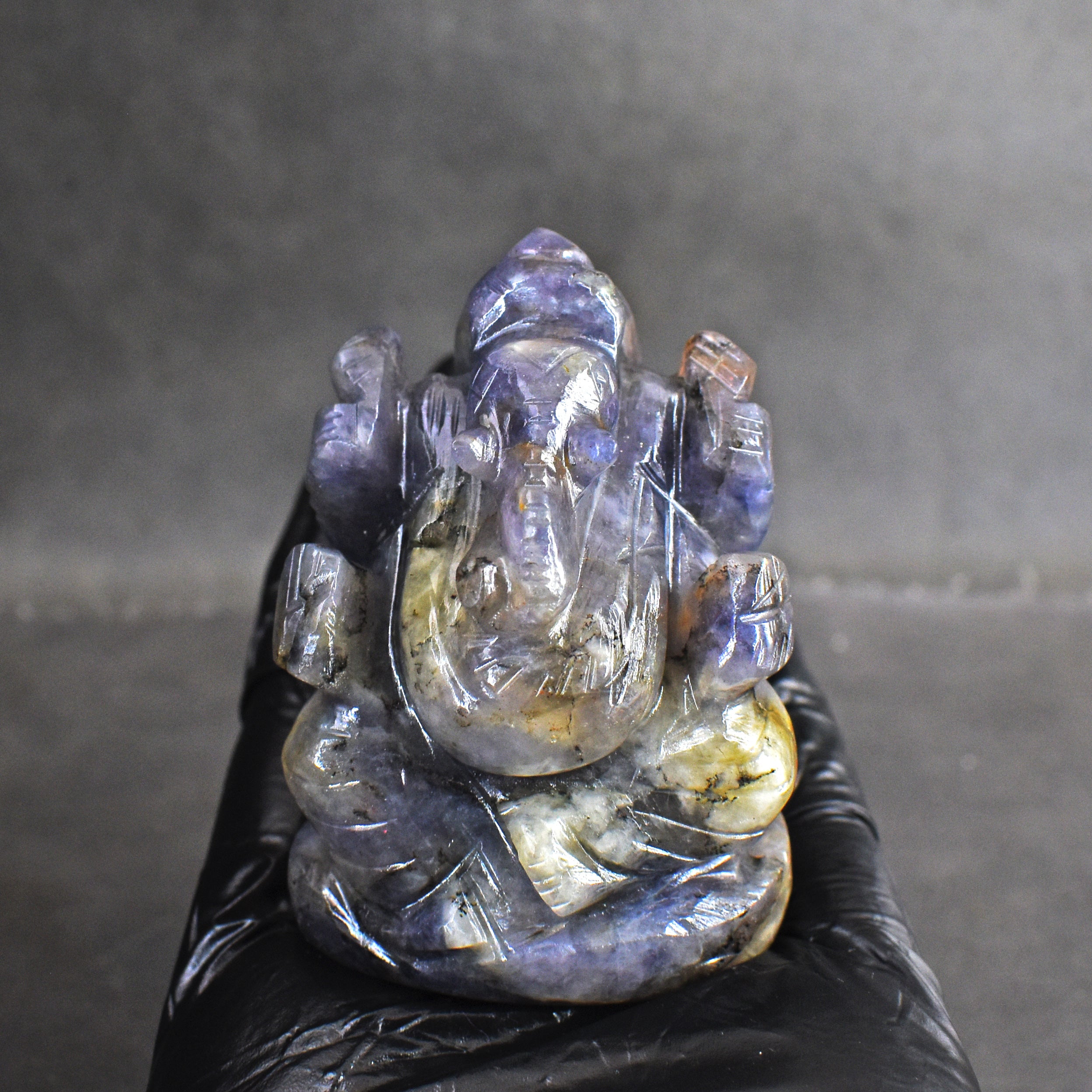 Artisian 607.00 Cts Iolite Divine Hand Carved Lord Ganesha