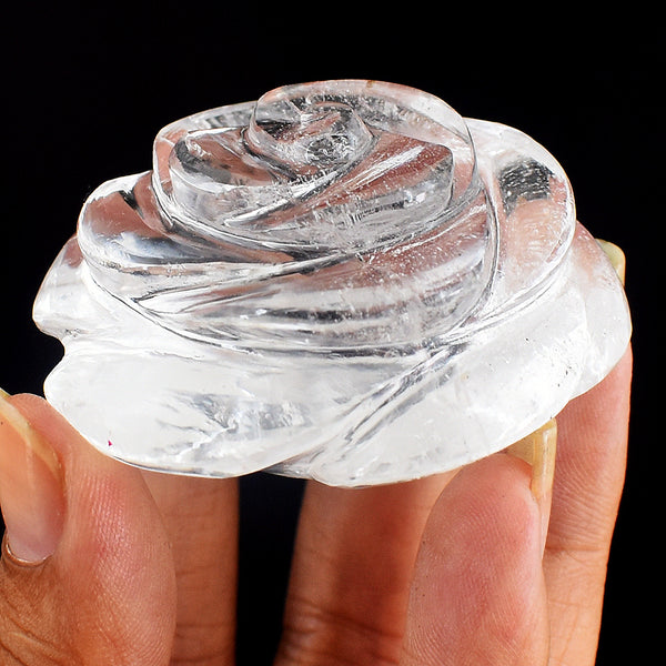 Gorgeous 349.00 Cts Genuine White Quartz Hand  Carved  Rose  Flower Carving Gemstone