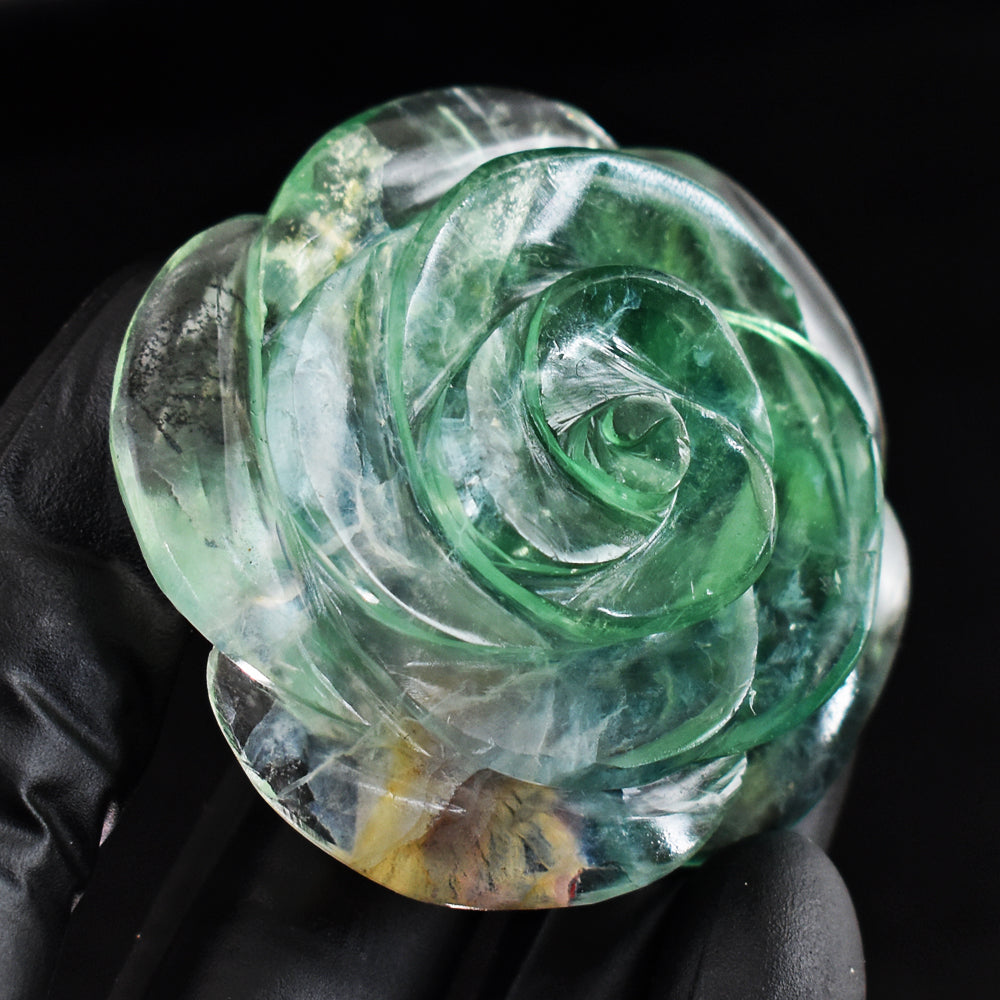 Artisian 382.00 Cts Genuine Green Fluorite Hand Carved Gemstone Rose Carving