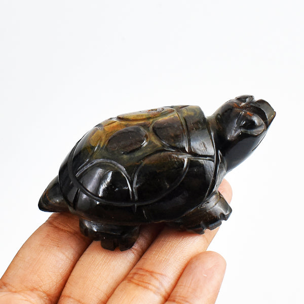 Exclusive 391.00  Carats Genuine Blue Power Tiger Eye Hand Carved Crystal Gemstone  Turtle Carving