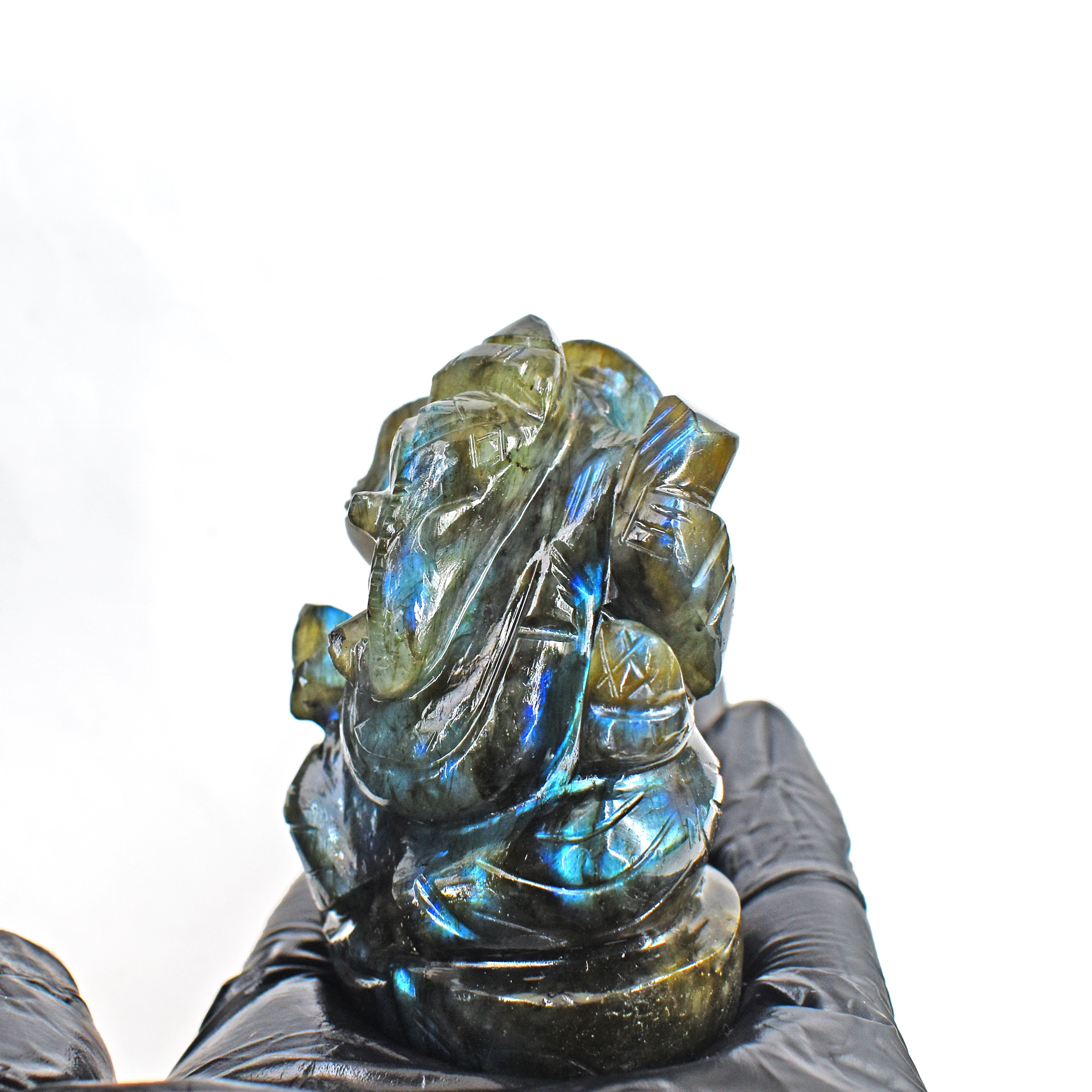 Gorgeous 672.00 Cts Genuine Blue Flash Labradorite Divine Hand Carved Crystal Lord Ganesha Gemstone Carving