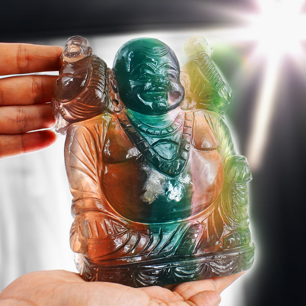 Natural 8500.00 Cts Genuine Multicolor Fluorite Hand Carved Crystal Gemstone Laughing Buddha Carving