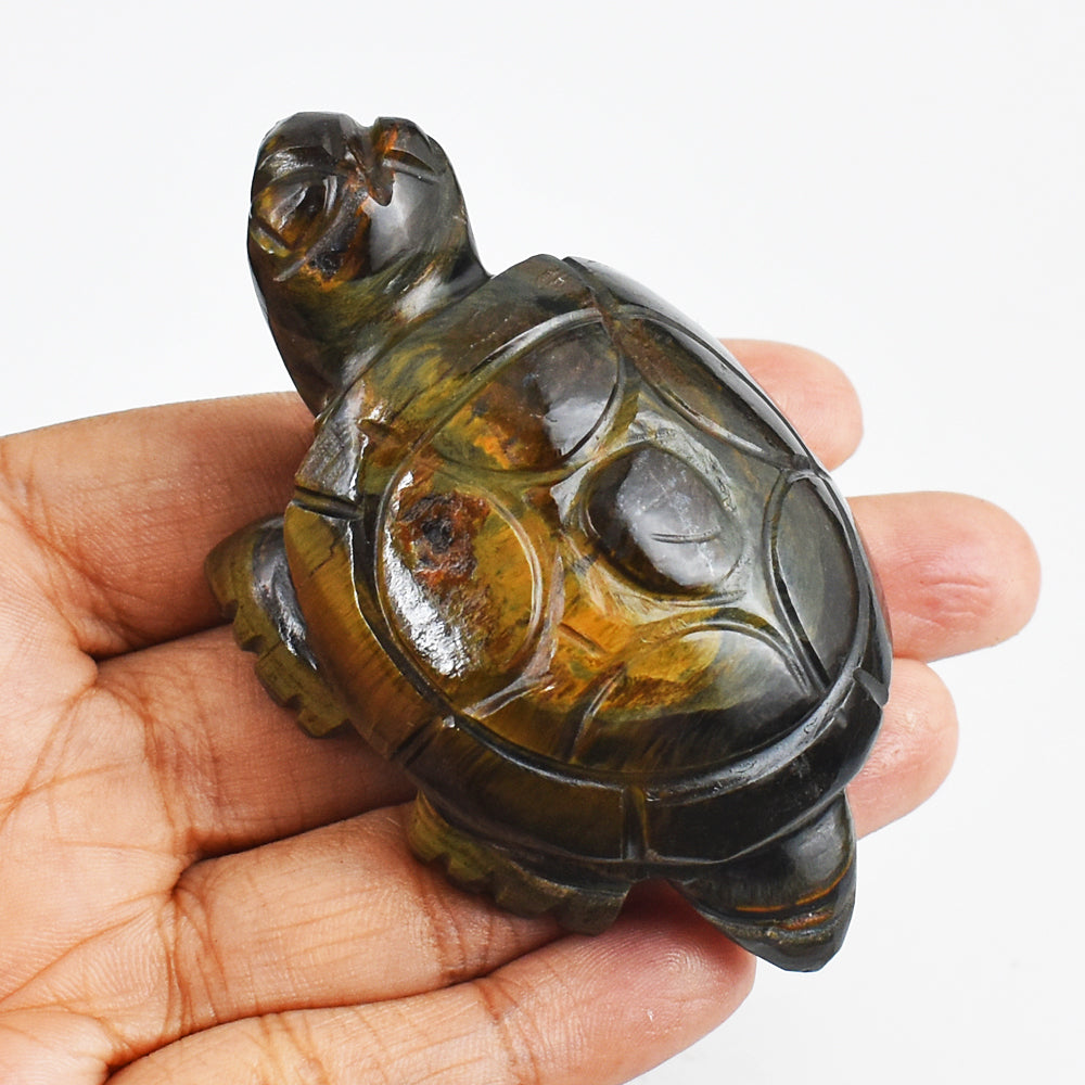 Exclusive 391.00  Carats Genuine Blue Power Tiger Eye Hand Carved Crystal Gemstone  Turtle Carving