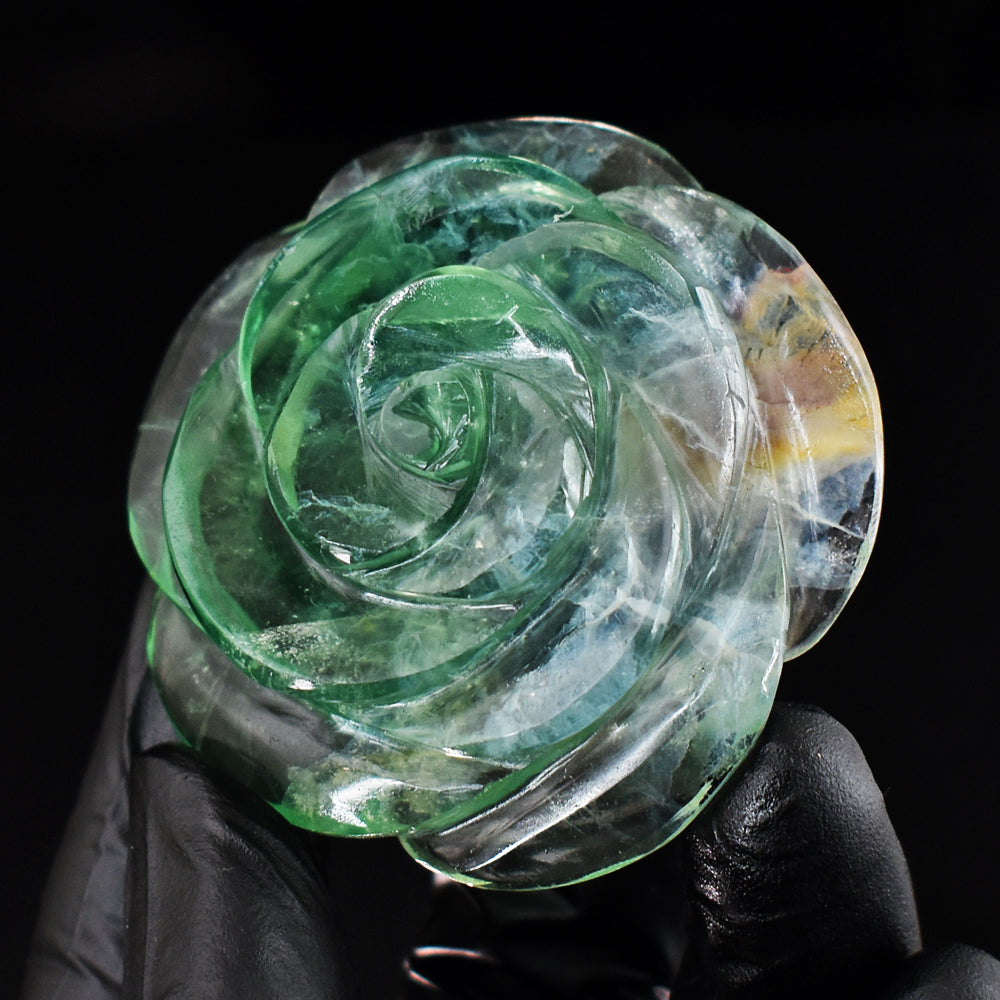Artisian 382.00 Cts Genuine Green Fluorite Hand Carved Gemstone Rose Carving