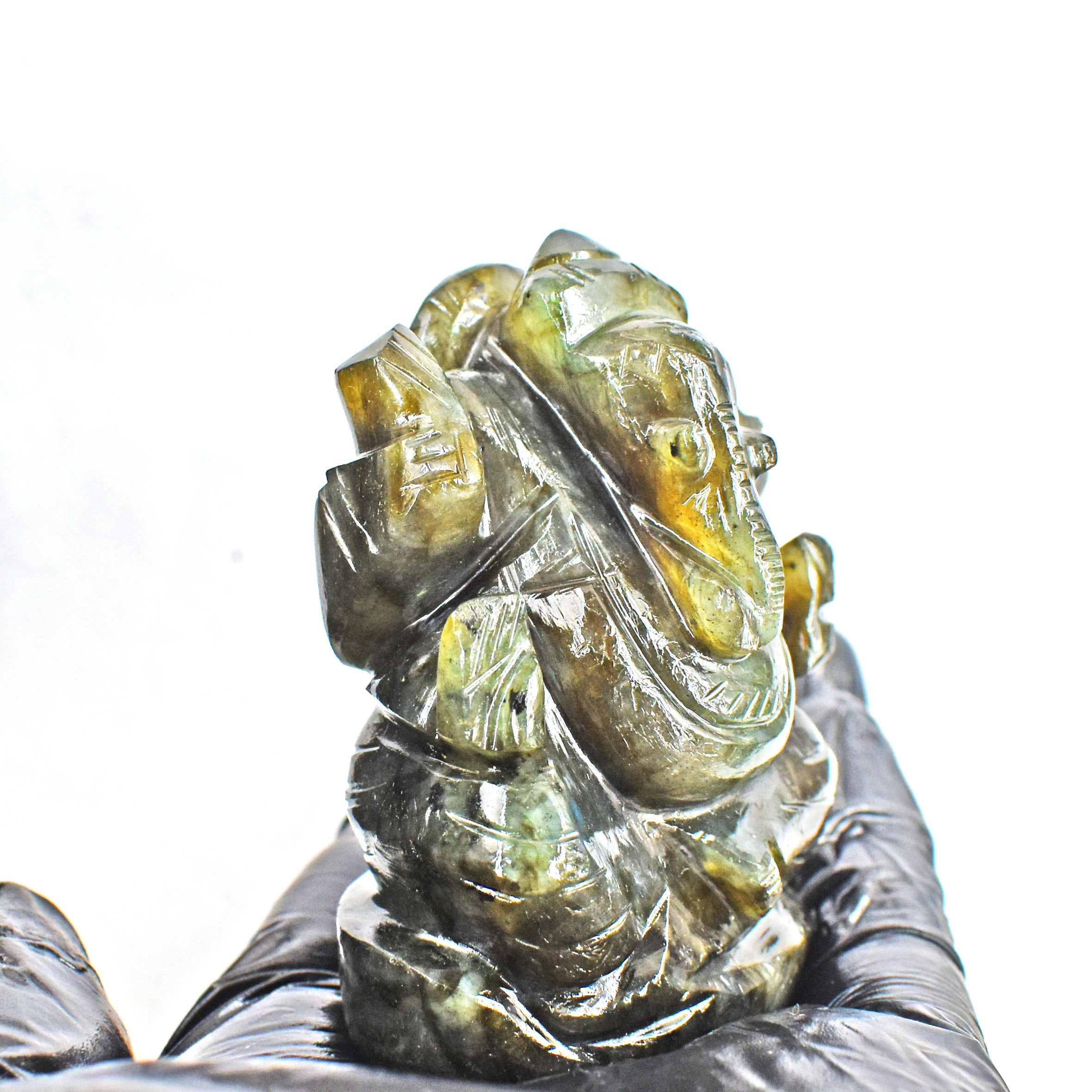 Gorgeous 672.00 Cts Genuine Blue Flash Labradorite Divine Hand Carved Crystal Lord Ganesha Gemstone Carving